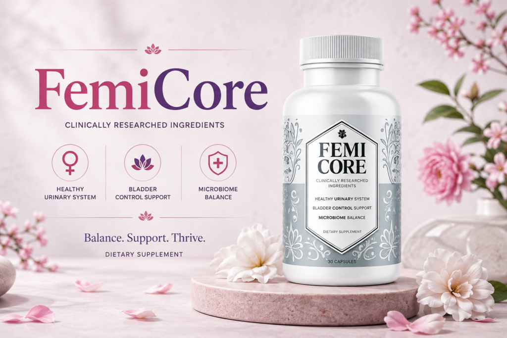 FemiCore women's wellness dietary supplement bottle displayed in a healthy lifestyle setting
